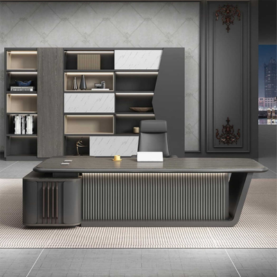 Bàn giám đốc bằng gỗ hình chữ L kèm tủ phụ, chân bàn độc đáo DKFBGD90