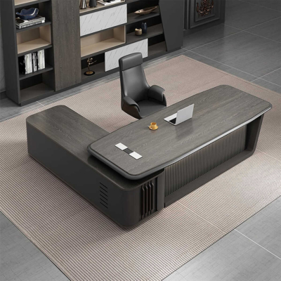 Bàn giám đốc bằng gỗ hình chữ L kèm tủ phụ, chân bàn độc đáo DKFBGD90