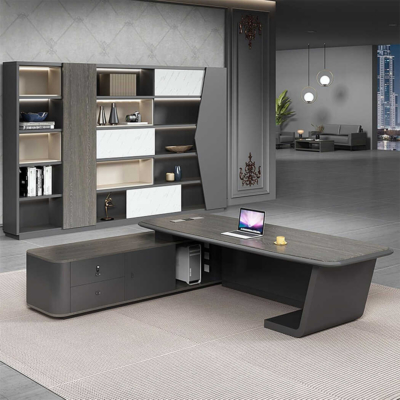 Bàn giám đốc bằng gỗ hình chữ L kèm tủ phụ, chân bàn độc đáo DKFBGD90