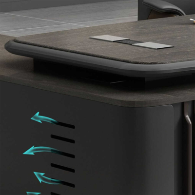 Bàn giám đốc bằng gỗ hình chữ L kèm tủ phụ, chân bàn độc đáo DKFBGD90