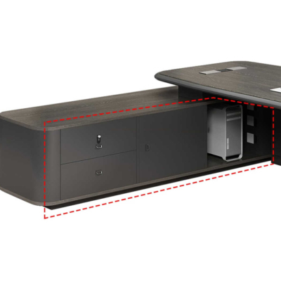 Bàn giám đốc bằng gỗ hình chữ L kèm tủ phụ, chân bàn độc đáo DKFBGD90