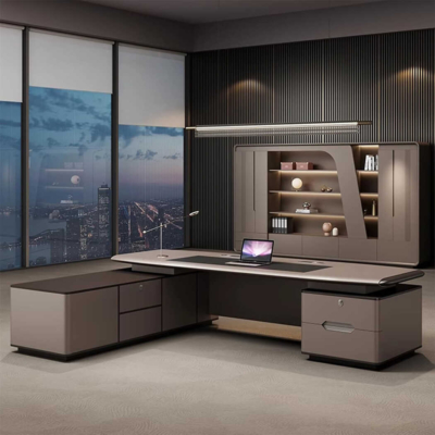 Bàn giám đốc gỗ chữ L kèm tủ phụ, yếm bàn lửng DKFBGD91