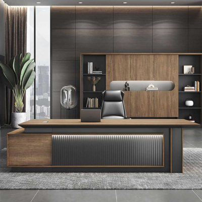 Bàn giám đốc bằng gỗ chữ L, yếm bàn dạng kín kèm đèn LED DKFBGD92