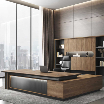 Bàn giám đốc bằng gỗ chữ L, yếm bàn dạng kín kèm đèn LED DKFBGD92