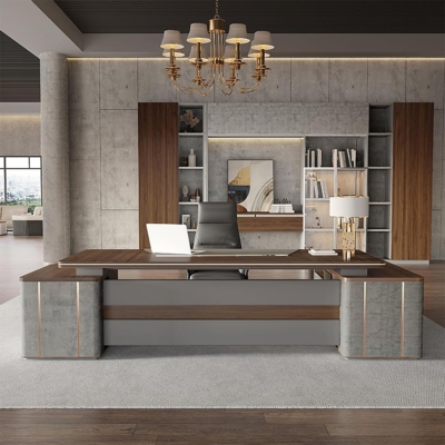 Bàn giám đốc hiện đại màu nâu gỗ, dáng chữ L kèm tủ phụ DKFBGD96