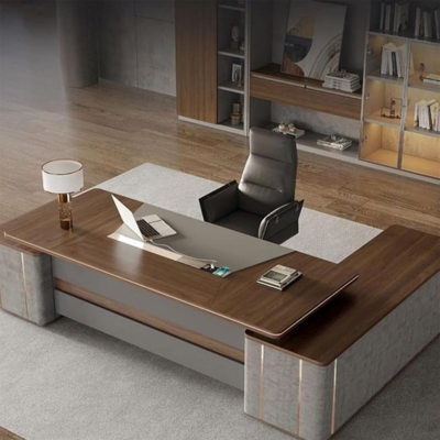 Bàn giám đốc hiện đại màu nâu gỗ, dáng chữ L kèm tủ phụ DKFBGD96