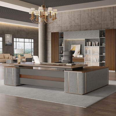 Bàn giám đốc hiện đại màu nâu gỗ, dáng chữ L kèm tủ phụ DKFBGD96