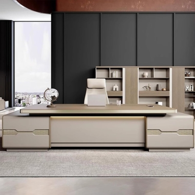 Bàn giám đốc chữ L kèm tủ phụ đa năng, yếm bàn dạng kín kèm đèn LED DKFBGD99