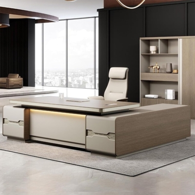 Bàn giám đốc chữ L kèm tủ phụ đa năng, yếm bàn dạng kín kèm đèn LED DKFBGD99