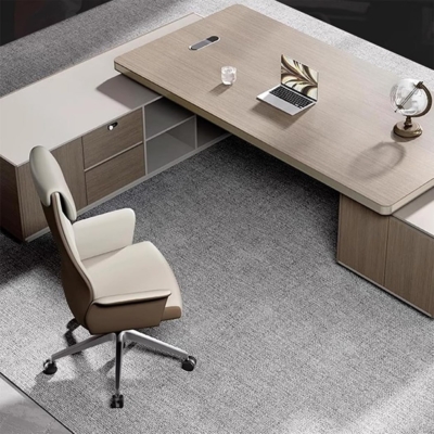 Bàn giám đốc chữ L kèm tủ phụ đa năng, yếm bàn dạng kín kèm đèn LED DKFBGD99