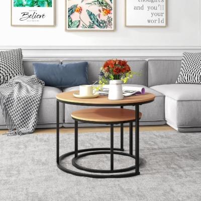 Bộ 2 bàn cà phê phòng khách mặt gỗ, khung kim loại nhỏ BPK01