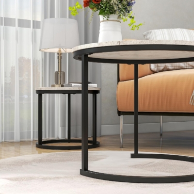 Bộ 2 bàn cà phê phòng khách mặt gỗ, khung kim loại nhỏ BPK01