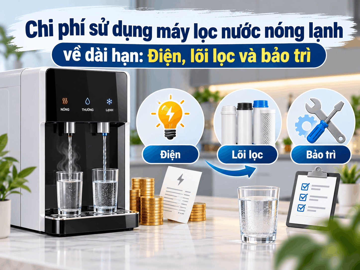 Chi phí sử dụng máy lọc nước nóng lạnh về dài hạn: Điện, lõi lọc và bảo trì